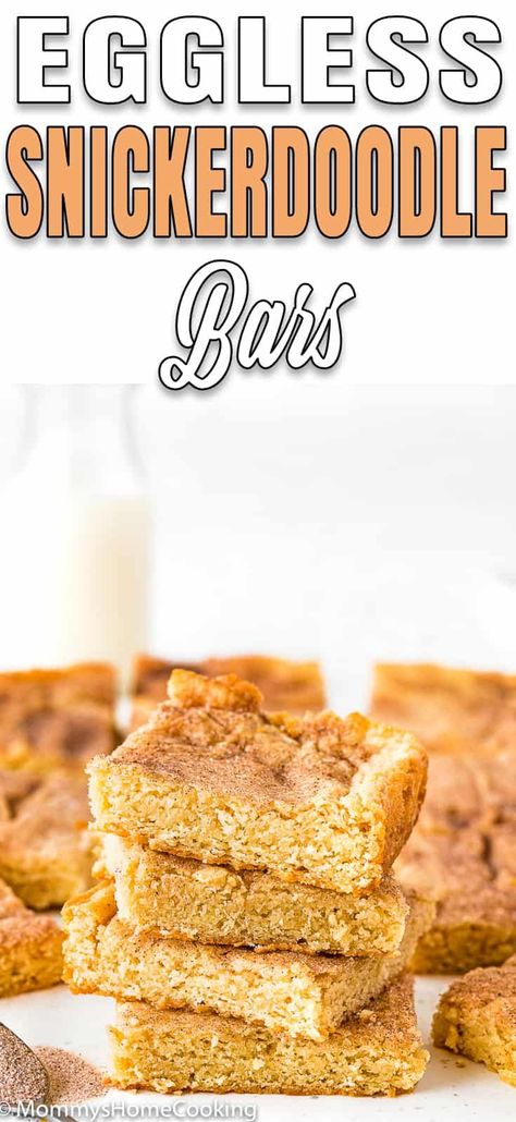 These Eggless Snickerdoodle Bars are wonderfully soft and buttery. Quick, simple, and you don’t even need a mixer to make them! #recipe #eggless #eggfree #eggallergy #egglessbaking #dessert #Snickerdoodle #bars #easy #quick #cinnamon #sheetpan #best Snickerdoodle Cookie Bars, Snickerdoodle Bars Recipe, Snickerdoodle Cookies Easy, Snickerdoodle Bars, Snickerdoodle Cookie, Snickerdoodle Recipe, Eggless Recipes, Eggless Baking, Cookie Bar