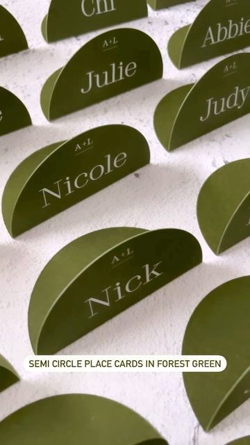 Polka Dot Paper on Instagram: "Semi-circle place cards in forest green 💚" Wedding Stationery Name Cards, Wedding Guest Place Card Ideas, Circle Wedding Invitations, Wedding Name Place Cards Ideas, Wedding Name Place Cards Diy, Diy Name Place Cards, Forest Green Wedding Decor, Place Name Ideas, Circle Place Cards