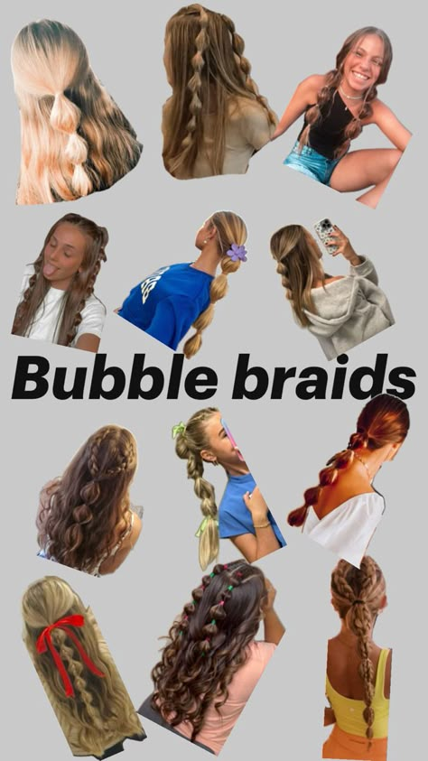 How To Do Big Braids, Different Bubble Braids, Bubble Braids Natural Curly Hair, Hairstyles With Your Hair Down, Poofy Braid, Cute Hairstyles With Bubble Braids, Trampoline Park Hairstyles, Outfits With Bubble Braids, Bubble Braid Styles