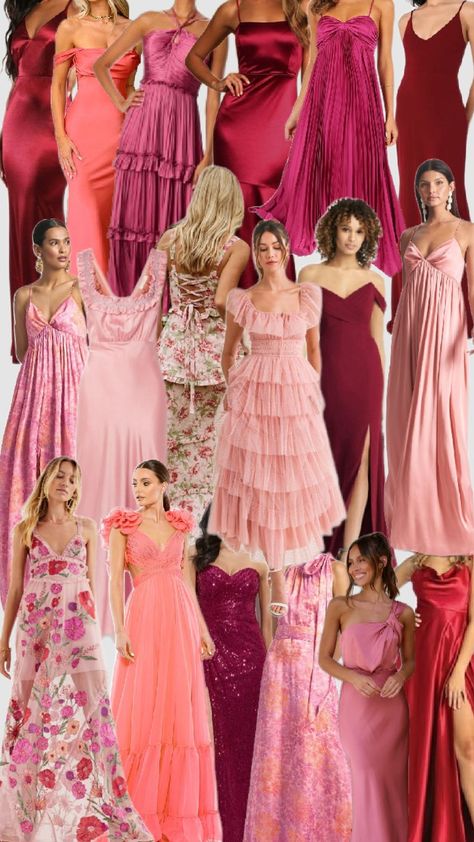 mismatched bridesmaid dresses, pinks and reds #bridesmaids #bridalparty #romantic #colorpalette Pastel Red Bridesmaid Dresses, Bridesmaid Dresses Pinks And Reds, Magenta Bridesmaid Dresses Mismatched, Multicolor Bridesmaids Dresses, Pink Palette Bridesmaid Dresses, Flamingo Pink Bridesmaid Dresses, Shades Of Pink And Red Wedding, Fuscia Bridesmaids Dress, Shades Of Pink Bridal Party