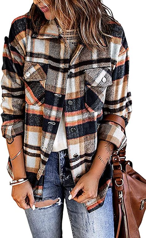 Astylish Womens Soft Cuffed Sleeve Corduroy Collar Shirts Long Plus Size Button Down Blouse Tops Green L at Amazon Women’s Clothing store Bird Logo, Flannel Jacket, Saint John, Long Sleeve Flannel, Brown Plaid, Plaid Fashion, Fall Clothes, Pocket Shirt, Button Front Shirt