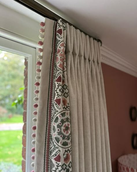 Lisa Dawson Interiors on Instagram: "We were all very sad to see these lovely curtains leave our work room but equally delighted to see how wonderful they look in our clients snug! Both windows were dressed with hand interlined and blackout lined curtains with triple pleat headings. Face fabric from @sanderson1860 Contrast leading edge from @jamesharefabric Tracks from @cameron_fuller_limited #softfurnishings #softfurnishingspecialist #handmadecurtains #bespokesoftfurnishings #curtaininspiration #fabricdesign #norfolkinteriors #norfolk" Curtains With Contrast Leading Edge, Bedroom Curtain Ideas Master Modern, Curtain Styles Living Room, Cupboard Curtains, Curtains With Trim, Curtain Designs Living Room, Lisa Dawson, Living Room Curtains Ideas, Cameron Fuller