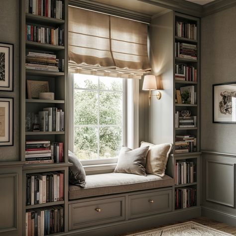 Shelves Built Around Window, Bookshelf And Bench Around Window, Diy Bookshelf Window Seat, Book Nook By Window, Bookcase Round Window, Bookcase With Reading Nook, Large Window Reading Nook, Reading Nook Built In Alcove, Bookshelf By Window