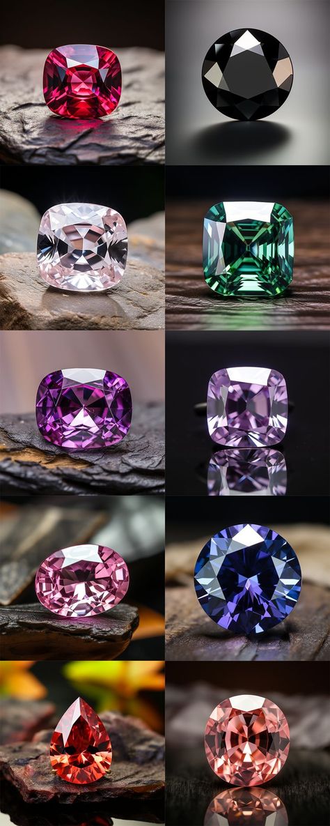 Loose sourced out gemstones each displayed in different scenery including red, black, colorless, green, purple, lavender, pink, blue, orange, and peach spinel gemstones. Spinel Stone, Spinel Jewelry, All Things Bright And Beautiful, Red Spinel, Jewelry Illustration, Diamond Evil Eye, Pink Spinel, Spinel Gemstone, Gray Tones