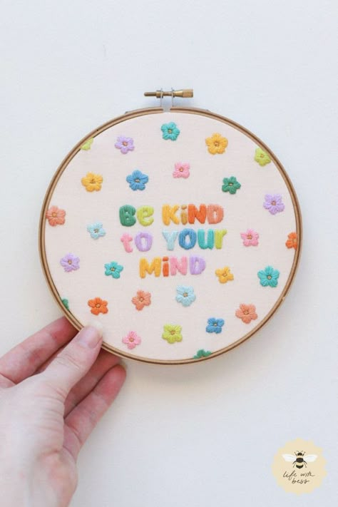 Be Kind to Your Mind Embroidery PDF Download Embroidery Using Fabric Scraps, Be Happy Embroidery, Embroidery Cute Designs, Cute Embroidery Designs Free Pattern, Modern Embroidery Designs Unique, Hand Embroidery Inspiration, Cute Embroidery Ideas, Magical Embroidery, Step By Step Embroidery