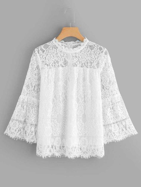 Free Returns ✓ Free Shipping On Orders $49+ ✓. Contrast Lace Solid Blouse- Blouses at SHEIN. Net Top Design, Lace Top Design, Blouse Outfit Casual, Lace Dress Outfit, Kebaya Modern Dress, Women Lace Blouse, Stylish Short Dresses, Lace Outfit, Short Lace Dress