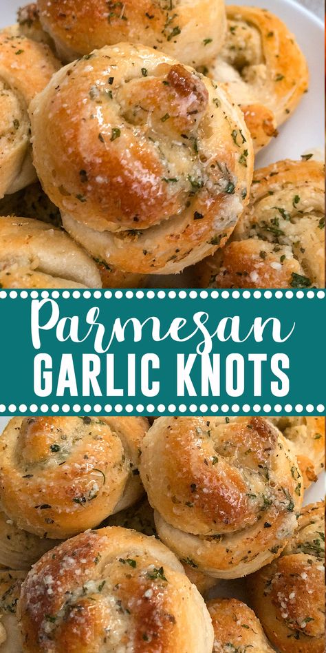 Recipes For Groups Parties, Easy Garlic Knots, Parmesan Knots, Garlic Parmesan Knots, Garlic Knots Recipe, Garlic Knots, Biscuit Dough, Breadsticks, Fun Baking Recipes