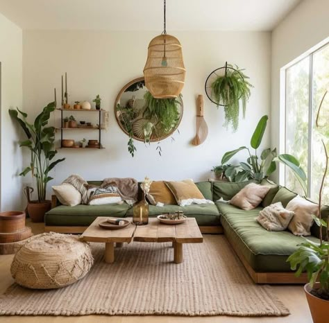 House Plants Interior Design, Green Couch Boho Living Room, Green Yellow Orange Living Room, Living Room Designs Earth Tones, Boho Jungle Living Room, Boho Chic Beach House, Living Room Nature Theme, Plant Themed Living Room, Boho Living Room Decor Inspiration