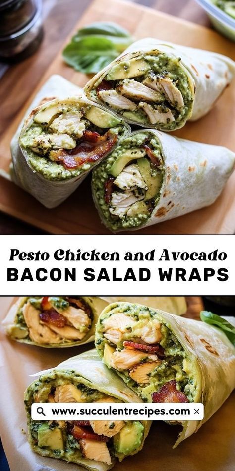 These Low-Carb Pesto Chicken and Avocado Bacon Wraps are the ultimate healthy option for a tasty and filling wrap that won't disappoint! Healthy Lunch Recipes Low Carb, 21 Day Fix Wraps, Lunch Meal Prep Wraps, Buffalo Bacon Chicken Wraps, Goat Cheese Wrap Lunches, Low Carb Chicken Lunch Ideas, Whole 30 Wraps, Pesto Chicken Salad Wrap, Healthy Chicken Ceasar Wrap