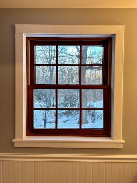 Baseboard And Window Trim Different Colors, Stain Grade Trim, Wood Window Casing With White Trim, Wood Windows Painted Trim, Brown Windows White Trim Interior, Brown Interior Windows, Stained Windows With White Trim, Brown Window White Trim, Wood Stain Windows With White Trim