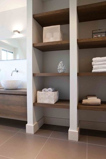 Floating Rustic Shelving | bathroom remodel | natural wood shelves | #rustic #ad #coral #floatingshelves #remodel #bathroom #nettedbins #storage Bathroom Closet Shelving, Open Closet, Bathroom Storage Shelves, Bathroom Closet, Closet Shelves, Diy Bathroom Decor, Rustic Shelves, Bathroom Reno, House Bathroom