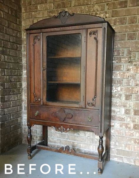 Jacobean Furniture Makeover, Vintage China Cabinet Makeover, Upcycle Buffet, Upcycled China Cabinet, Buffet Cabinet Makeover, Vintage Hutch Makeover, Antique Buffet Makeover, Renewed Furniture, Painted Curio Cabinets