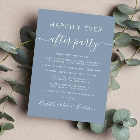 Chic Dusty Blue Wedding Reception Invitation Dusty Blue Wedding Reception, Reception Only Wedding Invitations, Casual Wedding Reception, Wedding Celebration Invitation, Happily Ever After Party, Ever After Party, Blue Wedding Receptions, Popular Wedding Invitations, Happily Ever After Wedding