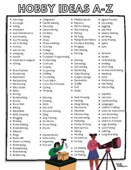 Most Popular Hobbies from A-Z (Huge List of Hobbies & Activities)Check out our Huge List of Hobbies, perfect for anyone looking to find a new hobby, hobby ideas or a new pastime.Alphabetical Order (Outdoor, Indoor, Creative, Niche Hobbies and More...)Looking for more lists? Check out our other worksheets here:Coping Skills A-ZCharacter TraitsOutdoor HobbiesCheck out our full hobby-list blog post here:https://freshhobby.com/most-popular-hobbies-from-a-z-huge-list-of-hobbies-activities/ List Of Hobbies, Easy Hobbies, Finding A New Hobby, Popular Hobbies, Hobbies For Kids, Hobby Ideas, Hobbies For Men, Hobbies To Try, Things To Do When Bored