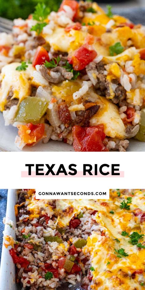 Texas Rice Tex Mex Rice Casserole, Spanish Rice Recipe With Ground Beef And Bacon, Recipes For Cooked Rice, Sides With Ground Beef, Healthy Main Dish Recipes, Texas Rice Recipe, Cowboy Rice Casserole, Rice Party Dishes, Chili With Rice Recipes