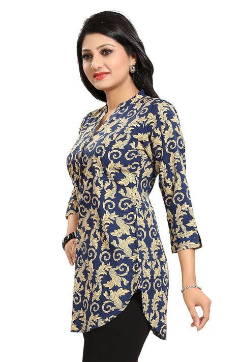 navy blue short kurti Short Top Designs Latest, Short Top Designs, Top Designs Latest, Dresses Kurti, Latest Kurta Designs, Short Kurti Designs, Quirky Dress, Long Blouse Designs, Kurti Style