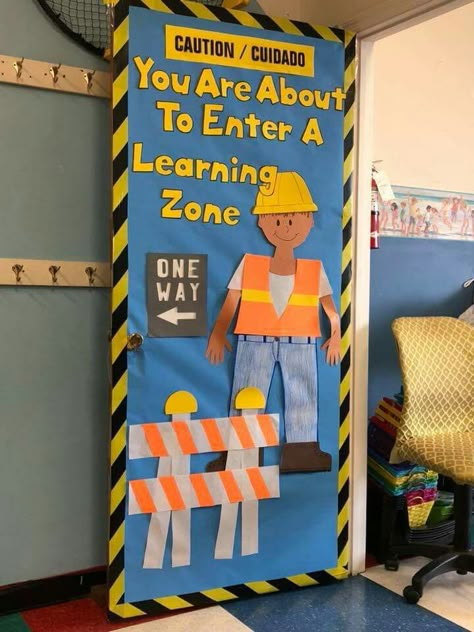 Cute construction theme Construction Zone Classroom, Construction Classroom Theme Ideas, Construction Theme Classroom Door, Building Theme Classroom, Construction Door Decorations, Building A Brighter Future Theme, Construction Theme Decor, Building Classroom Theme, Construction Theme Decorations