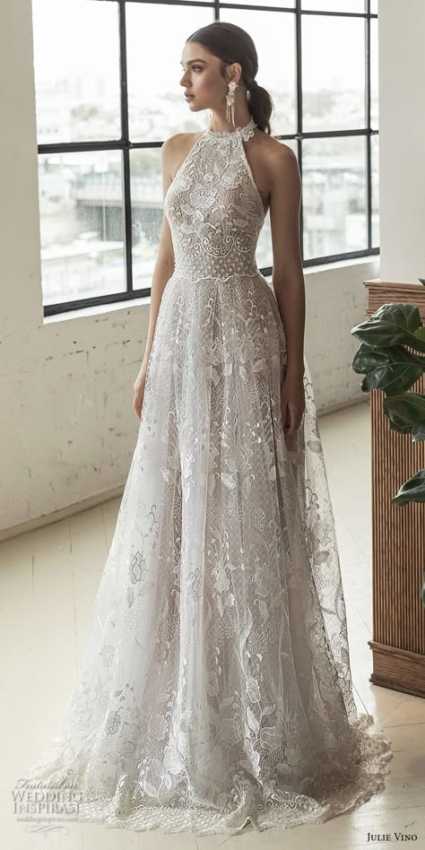 julie vino 2019 romanzo bridal sleeveless halter jewel neck full embellishment romantic a line wedding dress open back sweep train (4) mv -- Romanzo by Julie Vino 2019 Wedding Dresses #weddingdecorations #romanticweddings Simple Wedding Gowns, Halter Wedding Dress, Rustic Wedding Decorations, 2016 Wedding Dresses, Braut Make-up, Beauty Dress, A Wedding Dress, Diy Wedding Decorations, Jewel Neck