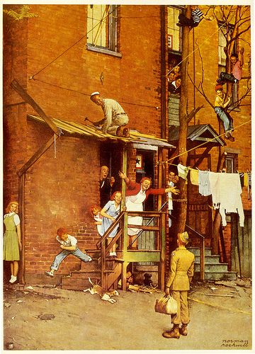 This one gave me chills, it's just touching. Tells a story. The girl sneaking is just so, idk, cute. Homecoming G.I. -Post cover May 26, 1945--by Norman Rockwell Norman Rockwell Prints, Terry Redlin, Norman Rockwell Art, Saturday Evening Post Covers, Rockwell Paintings, Norman Rockwell Paintings, Post Cover, Cover Illustrations, The Saturday Evening Post