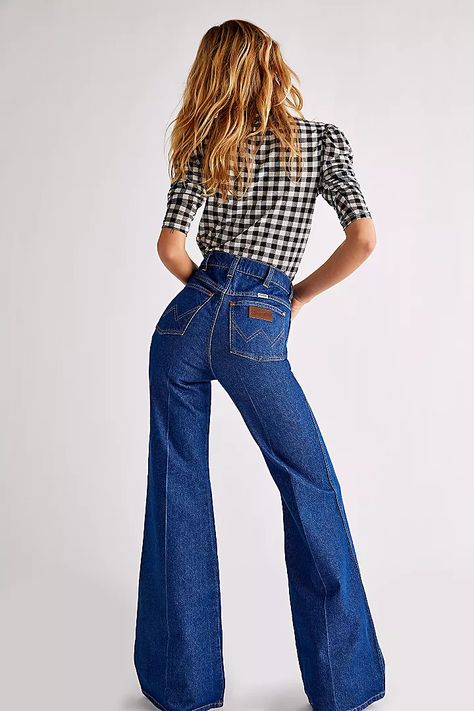 Women's Jeans: Ripped, Distressed, Denim Jeans | Free People Wrangler Wanderer Jeans, Retro Western Fashion, Wrangler Jeans Women's, Midwest Princess, Wide Leg Denim Jeans, High Rise Flare Jeans, Jeans Free People, Denim Jeans Ripped, Western Style Outfits