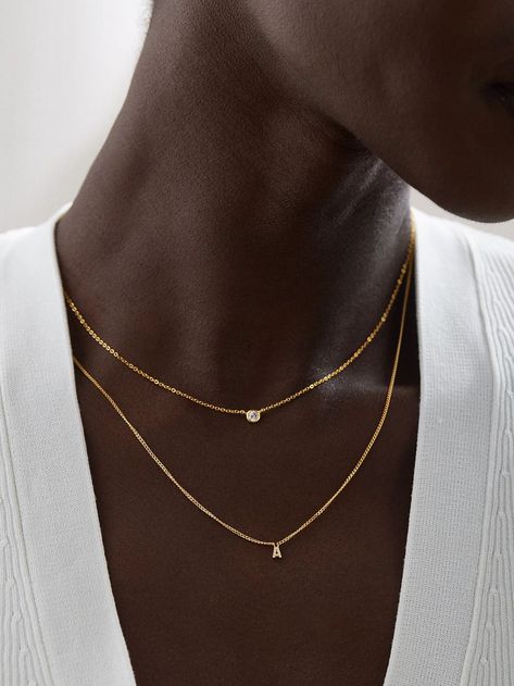 18K Gold Mini Initial Necklace - Gold/Pavé | BaubleBar (US) Side Initial Necklace, Black Women Necklace, Everyday Necklace Stack, Dainty Necklace Stack, Necklace Stacking Gold, Stacking Necklaces, Necklace Stacks, Silver Meaning, Simple Gold Jewelry