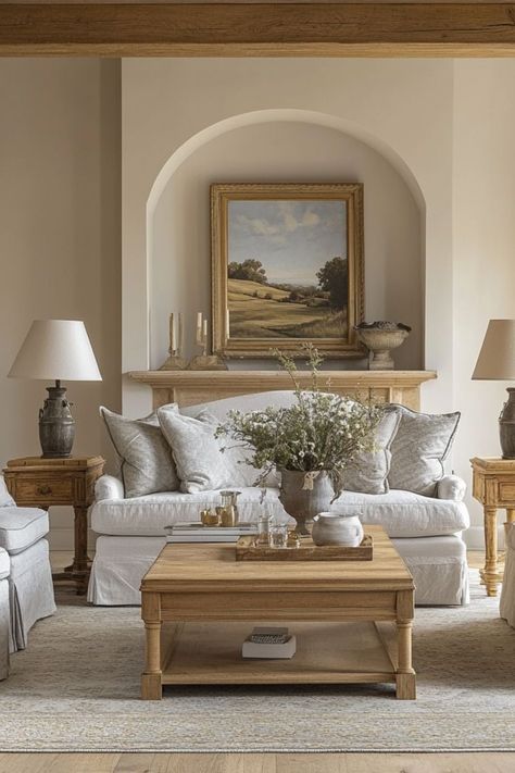 Bring elegance to your home with French country living room decor. #FrenchCountry #LivingRoomInspo #ElegantSpaces French Country Modern Farmhouse, French Country Apartment Decorating, Modern French Country Interior, French Homes Interiors, Cottage Aesthetic Interior, France Living Room, French Modern Home Interiors, French Country House Interior, European Farmhouse Living Room