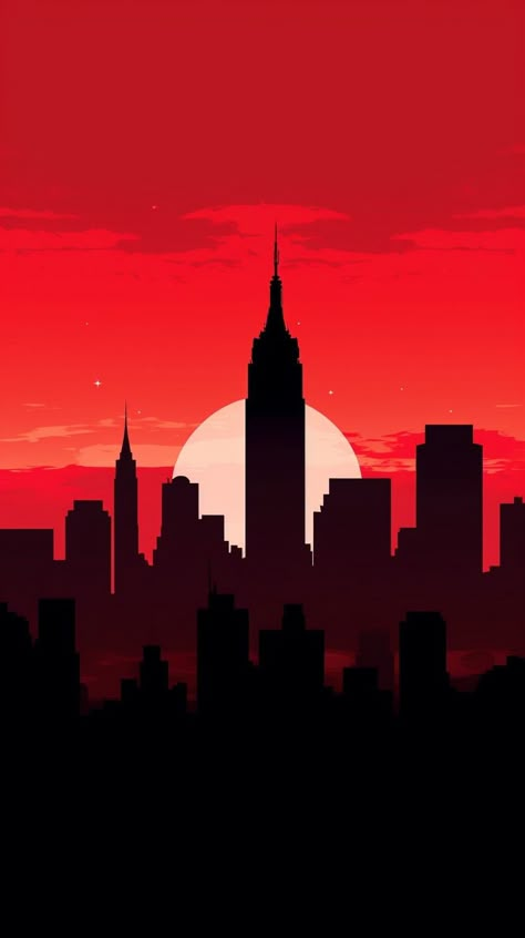 Minimalist phone wallpaper showcasing a striking red background and a contrasting New York City skyline, tailored for Android and iPhone devices with a bold, contemporary flair Red Wallpaper Drawing, Red Town Aesthetic, Iphone Hd Wallpaper Backgrounds, Red Lofi Aesthetic, City Aesthetic Painting, Spiderman City Background, Red Illustration Aesthetic, Red City Wallpaper, Red City Background