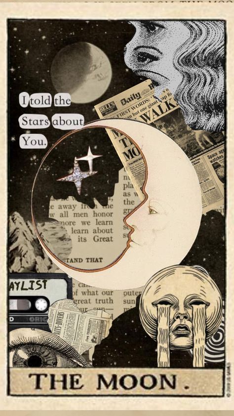 #collage #moodboard #aesthetic #art #tarot #moon #stars #vintage Collage Tarot Cards, The Moon Tarot Aesthetic, Moon Collage Art, Tarot Collage Art, The Moon Tarot Card Wallpaper, Tarot Art Aesthetic, Tarot Card Wallpaper Aesthetic, The Moon Tarot Card Art, Astrology Collage