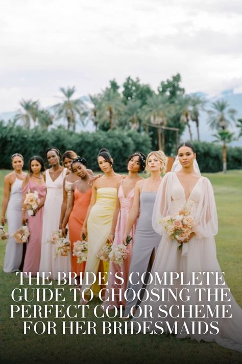 THE BRIDE’S COMPLETE GUIDE TO CHOOSING THE PERFECT COLOR SCHEME FOR HER BRIDESMAIDS Bridesmaid Dresses Color Palette Spring, Bride And Bridesmaid Color Schemes, Bridal Party Palette, Spring Bridesmaid Dresses Colors Shades, Timeless Bridesmaid Dress Color, Bridal Party Colour Scheme, Diverse Bridesmaids, June Bridesmaid Dresses Color Palettes, Bridesmaid Dresses Palette