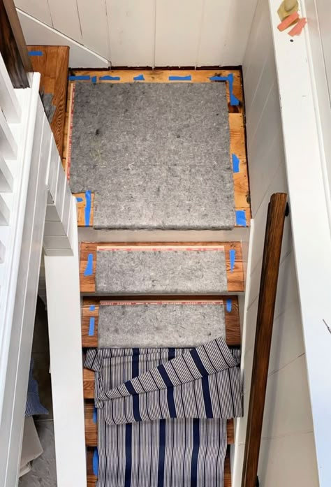 Stair Pads Staircases, Stairway Runner With Landing, How To Stair Railing, Stair Runner Transition To Carpet, How To Install Carpet Runner On Stairs, Diy Stair Runner Rods, Stair Runner Carpet Diy, Installing Stair Runner, Basement Stairs Runner