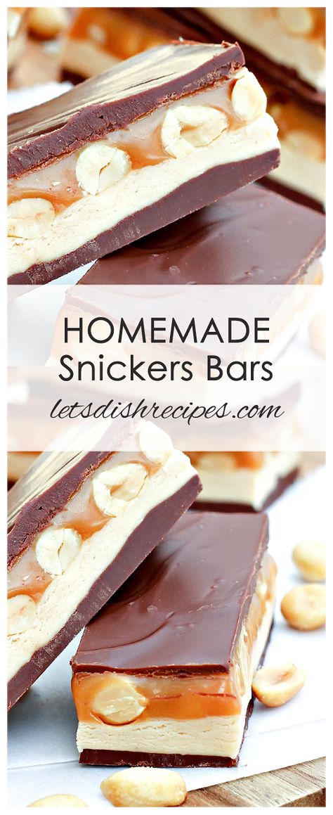 Homemade Snickers Bars Recipe: Creamy nougat is layered with caramel, peanuts and chocolate in these copycat candy bars. So much better than the store bought version, and easy to make too! #candybar #bars #dessert #snickers Copycat Snickers Bar, Candy Bar Copycat, Copycat Meals, Snicker Bars, Homemade Snickers Bars, Snickers Bars Recipe, Nougat Recipe, Candy Bar Recipe, Snickers Candy Bar