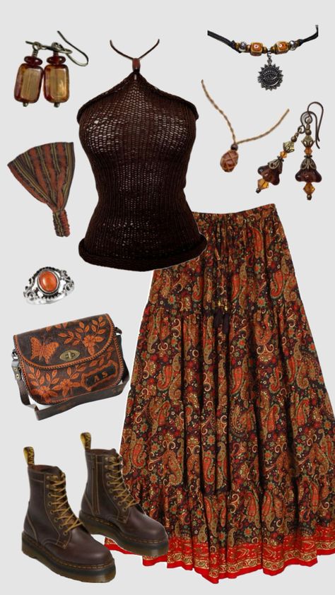 Hippie boho outfit #outfitinspo #70s #hippie #boho #earthy African Aesthetic Outfits, Warm Boho Outfits, Desert Outfit Aesthetic, Boho Earthy Style, Colorful Hippie Outfits, Earthy Hippie Outfits, Cute Earthy Outfits, Beach Hippie Outfit, 80s Hippie Outfits