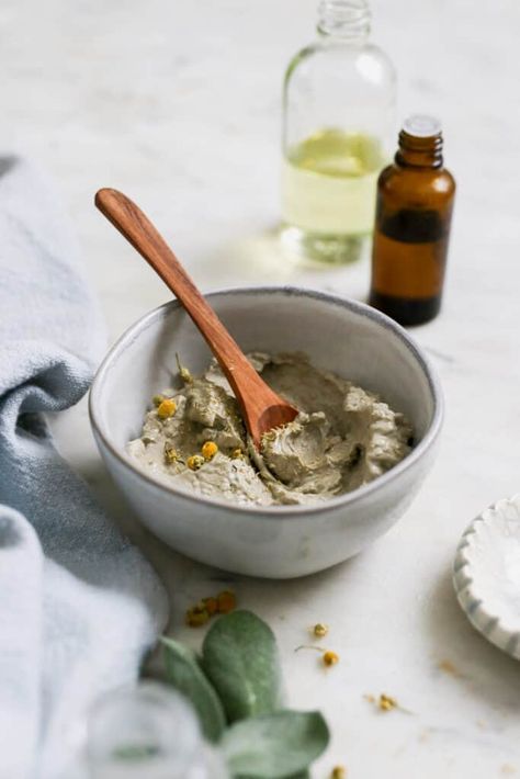 This DIY clay hair mask is chock full of hair helpers like chamomile, neem and castor oil, to soften locks and nourish the scalp Kaolin Clay Hair Mask, Diy Clay Mask, Clay Hair Mask, Kaolin Clay Mask, Diy Lotions, Avocado Hair Mask, Clay Hair, Skincare Products Photography, Homemade Clay