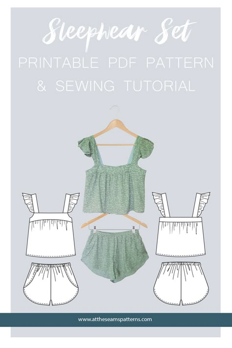 Free Sleepwear Sewing Pattern, Aesthetic Sewing Patterns Free, Pajama Set Pattern Sewing Free, Tops To Sew For Women, Digital Sewing Patterns, Diy Pj Set, Pajama Set Pattern Sewing, Summer Sewing Patterns Free, Pajama Sewing Pattern Free