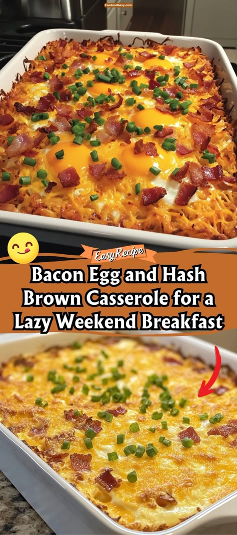 Kickstart your weekend with the Bacon Egg and Hash Brown Casserole. This hearty breakfast casserole combines crispy bacon, cheesy eggs, and golden hash browns, all baked to perfection. It's the ideal dish to gather the family around on a lazy morning. #WeekendBreakfast #HashBrownCasserole #BaconEggCasserole Egg Bake With Bread Cubes, Bacon And Eggs Casserole, Bacon Eggs Hashbrown Casserole, Eggs Bacon Cheese Casserole, Easy Breakfast Ideas Casseroles, Hashbrown Patty Casserole Breakfast, Breakfast Casserole Eggs And Bacon, Loaded Hashbrown Breakfast Casserole, Hashbrown Egg Bacon Cheese Casserole