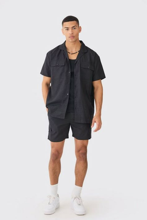 Lightweight and breathable linen cargo shirt and short set perfect for summer. #linen #cargo #shirt #short Short Pants Outfit, Shirt Outfit Men, Mens Shorts Outfits, Pants Outfit Men, Black Shorts Men, Mens Casual Outfits Summer, Men Stylish Dress, Cargo Shirts, Mens Outfit Inspiration