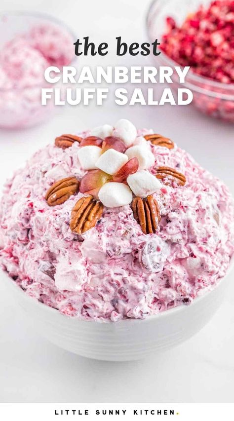 Cranberry Fluff Salad is perfect for your holiday table. Packed with cranberries, pineapple, mini marshmallows, and whipped topping, cranberry fluff is delicious. Easy Cranberry Fluff, Cranberry Cheesecake Fluff, Cranberry Fluff Salad, Cranberry Fluff, Fluff Salad Recipes, Fluff Salad, Pistachio Salad, Cranberry Cheesecake, Fluff Recipe