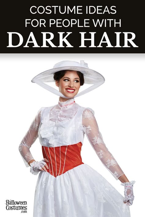 Dark hair is the most common hair color, which gives plenty of options when it comes to picking character costumes for Halloween! Whether you're hunting for brunette Halloween costumes or costumes with black hair, the world is at your fingertips. There are also tons of costume ideas if your dark hair is curly, long or even short! Keep reading to see what dark hair costume ideas HalloweenCostumes.com has to offer! Long Brown Hair Costume Ideas, Dark Hair Costume Ideas, Costumes With Black Hair, Brunette Halloween Costumes, Black Hair Halloween Costumes, Brunette Halloween, Outfit Ideas Halloween, Halloween Costumes For Brunettes, Brown Hair Halloween Costumes