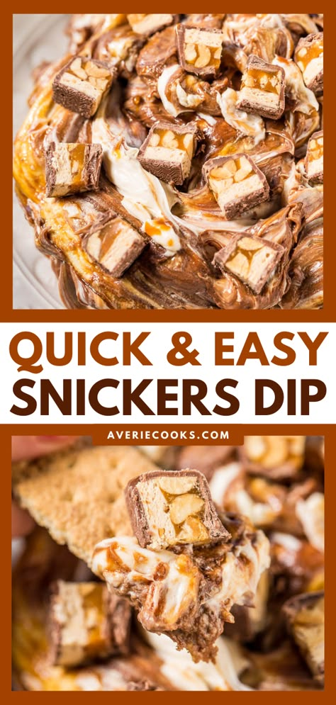 Snickers Dip - Averie Cooks Cream Cheese Candy, Snickers Dip, Dessert With Cream Cheese, Snickers Dessert, Snickers Recipe, Easy Dessert Dips, Cheesecake Dip Recipe, Dessert Dip Recipes, Snickers Cheesecake