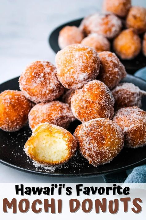 Mochi Malasada Recipe, Mochi Dessert Recipes, Mochi Pancakes Recipe, Authentic Hawaiian Food, Mochi Donut Recipe, Malasadas Recipe, Mochi Donuts Recipe, Hawaiian Dessert Recipes, Hawaiian Desserts