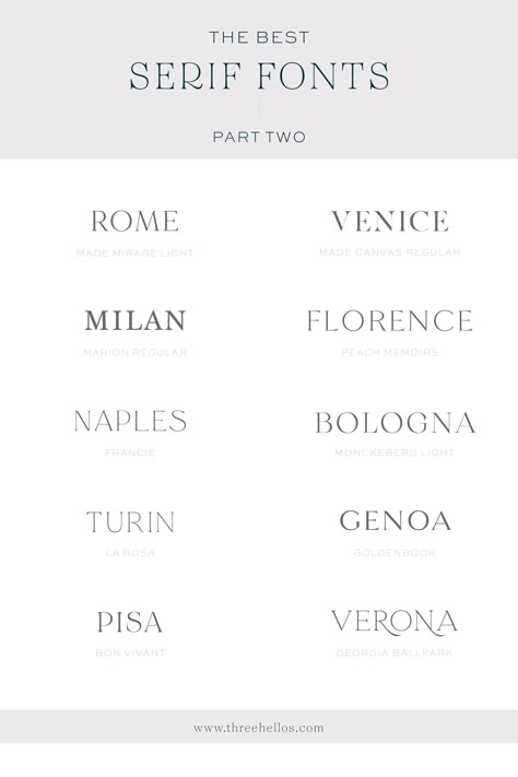 A compilation of the best serif fonts for branding design, part two!  A gorgeous list of serif fonts that work well for creative branding design, website design, stationery and wedding design, and marketing. Serif Font Combinations, Artisan Branding, Lux Branding, Fonts For Branding, Diy Fonts, Font Idea, Best Sans Serif Fonts, Best Serif Fonts, Canva Tutorials