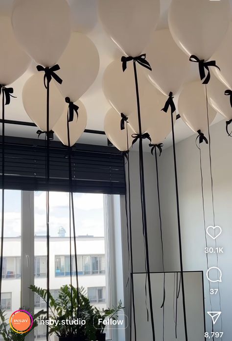 White Balloons Ceiling, Black Wedding Balloons, Balloons Table Centerpieces, Coquette Black And White Party, White Balloons With Bows, 30th Surprise Party Ideas For Her, Black Ribbon Birthday Theme, Black Bow Party Decorations, White Balloons With Black Ribbon