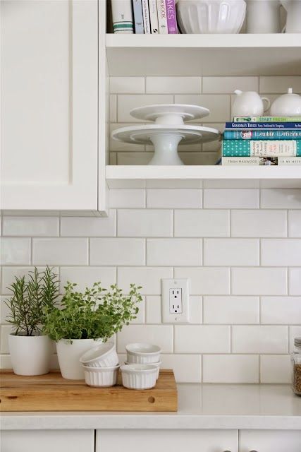 An Urban Cottage: White vs. Gray Grout- here's an example of light gray grout- pretty 3x6 White Subway Tile, White Subway Tile Kitchen, White Subway Tile Backsplash, Grey Grout, Subway Tile Kitchen, Herringbone Backsplash, White Subway Tiles, White Backsplash, White Kitchen Design