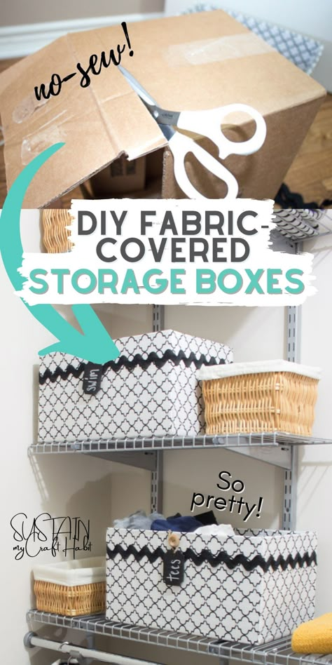 Fabric Boxes Diy, Upcycle Boxes, Cardboard Box Storage, Storage Baskets Diy, Cardboard Box Diy, Diy Organizing, Fabric Covered Boxes, Cardboard Storage, Cardboard Crafts Diy