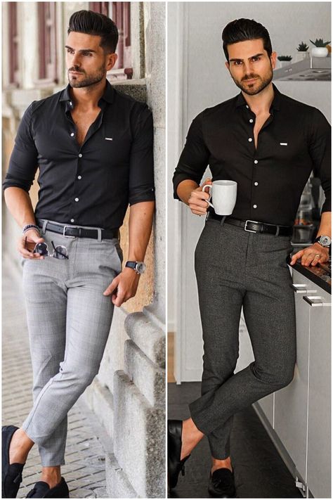 Pant shirt combination for men. Mens Pants Shirt Combination, Grey Pant Black Shirt Mens, Dress Pants And Loafers Men, Black Shirt Combination Pants Men, Black Shirt Grey Pants Men Formal, Shirt Pant Combination Men, Pant Shirt Combination Men, Black Shirt Combination, Shirt Combination Men