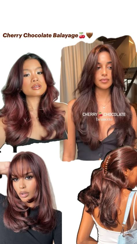 Cherry Chocolate Hair, Chocolate Red Hair, Hair Color Cherry Coke, Chocolate Brunette Hair, Popular Hair Colors, Cherry Cola Hair Color, Chocolate Balayage, Cherry Cola Hair, Red Balayage Hair