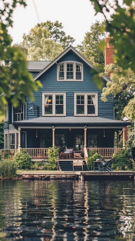 Discover lakeside tranquility with this beautiful home featuring a private dock. Enjoy peaceful moments by the lake and soak in the scenic beauty of waterfront living. Find summer aesthetic ideas and plan your lakeside retreat for a serene summer getaway. Lake House New England, Home By The Lake, Canadian Cottage Aesthetic, Victorian Lake House, Small Lake Cottage Exterior, River House Aesthetic, Minnesota Lake House, Lake House On Stilts, Lake House Summer Aesthetic