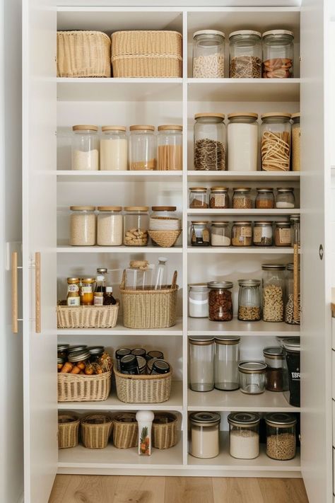 Boho Kitchen Pantry, Food Storage Rooms Ideas, Pantry For Large Family, Kitchen Inspo Organization, Organized Food Pantry, Modern Pantry Organization Ideas, Exposed Pantry Ideas, Pantry Organisation Ideas, Kitchen Food Storage Ideas No Pantry