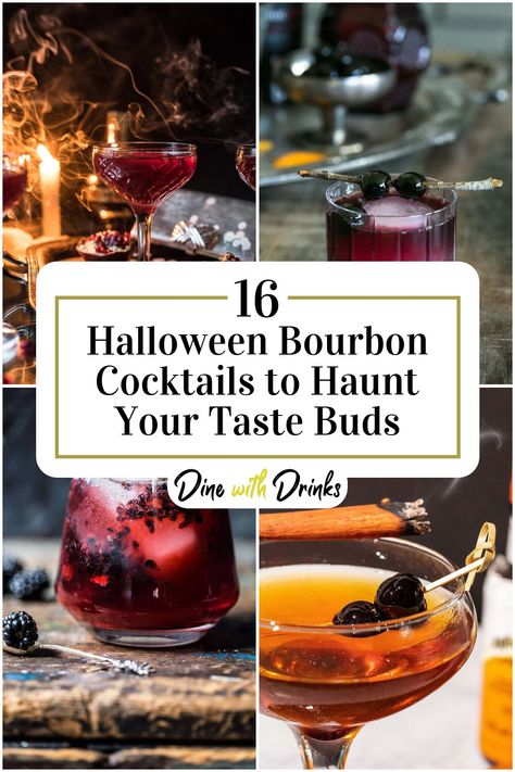 Collage of 4 halloween bourbon cocktails. Grenadine Recipe Cocktails, Halloween Whiskey Drinks, Drinks With Bourbon, Halloween Whisky, Halloween Whiskey, Drinks With Grenadine, Harry Potter Party Food, Chambord Cocktails, Grenadine Cocktail