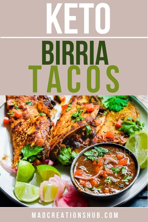 The easiest and most delicious Birria Tacos. Enjoy this low carb, keto-friendly recipe using keto tortillas and an amazing birria in consommé that the whole family will enjoy! #birriatacos #tacos #mexicanrecipes #ketotacos #ketorecipes Low Carb Birria Tacos, Easiest Keto Meals, Keto Birria Tacos, Keto Birria, Keri Diet, Handheld Meals, Ketovore Recipes, Keto Tacos, Monday Meals